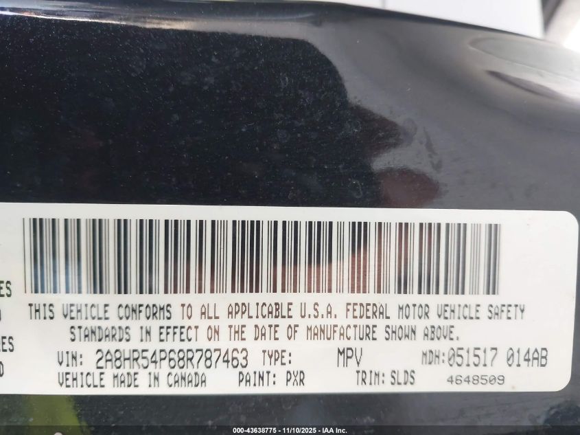 2008 Chrysler Town & Country Touring VIN: 2A8HR54P68R787463 Lot: 43638775