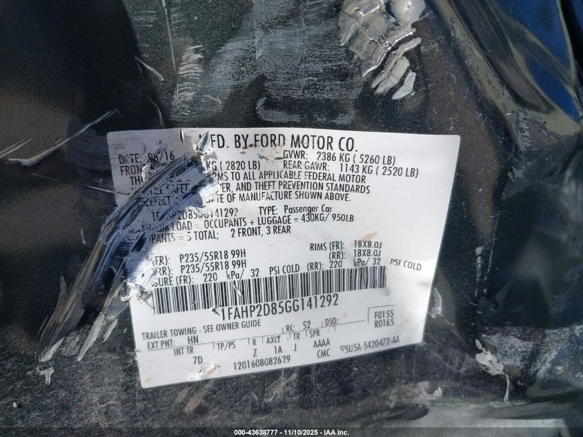 2016 Ford Taurus Se VIN: 1FAHP2D85GG141292 Lot: 43638777