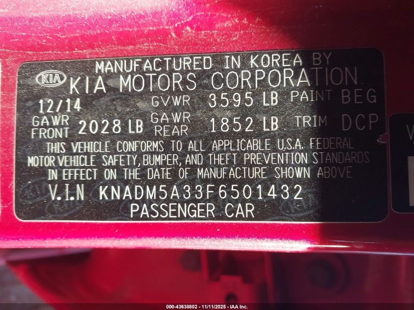 2015 Kia Rio Lx VIN: KNADM5A33F6501432 Lot: 43638802