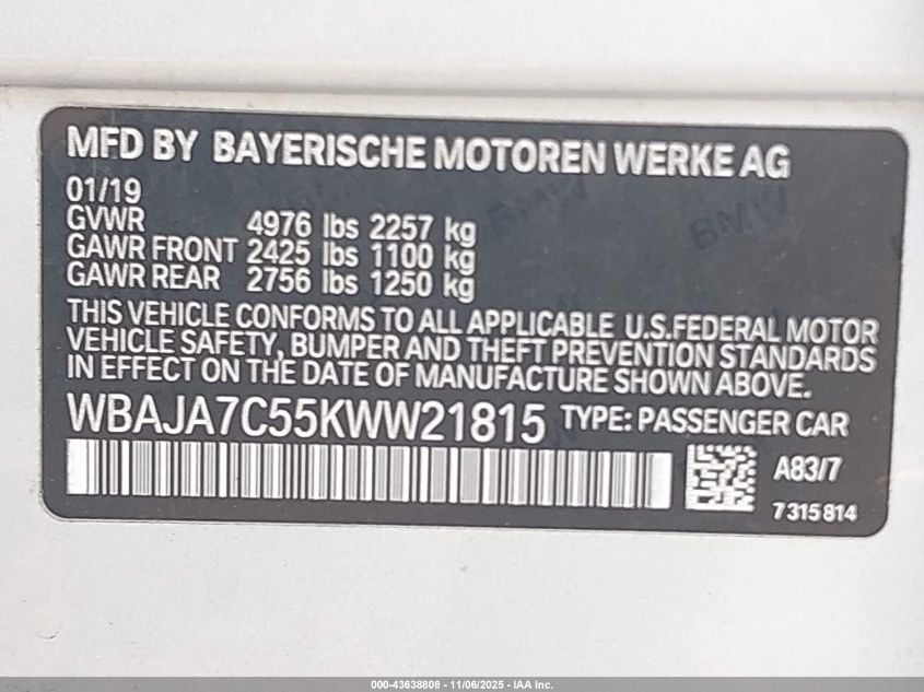 2019 BMW 530I xDrive VIN: WBAJA7C55KWW21815 Lot: 43638808