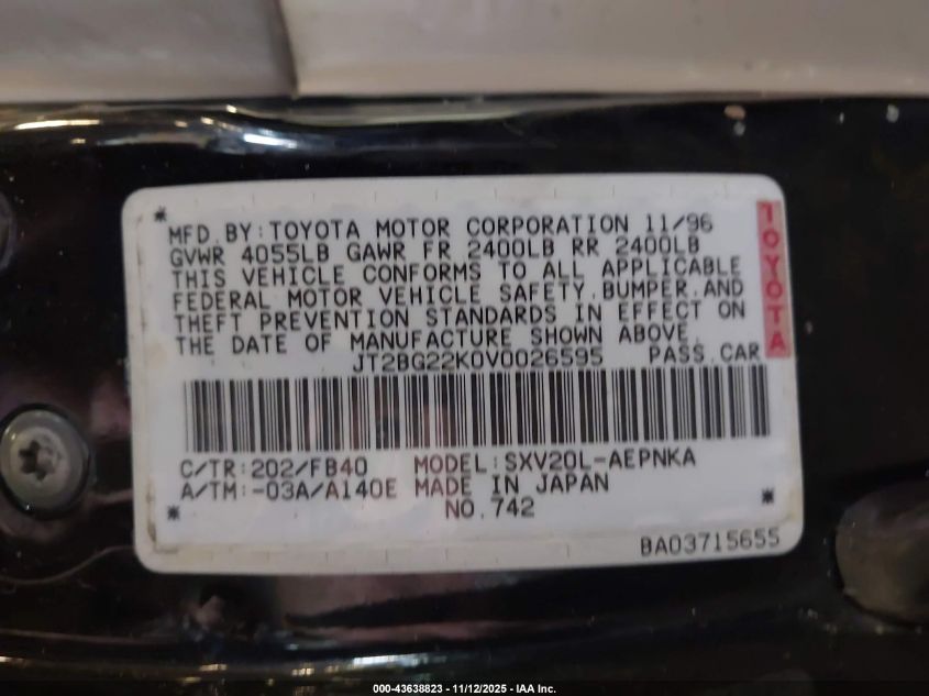1997 Toyota Camry Le VIN: JT2BG22K0V0026595 Lot: 43638823
