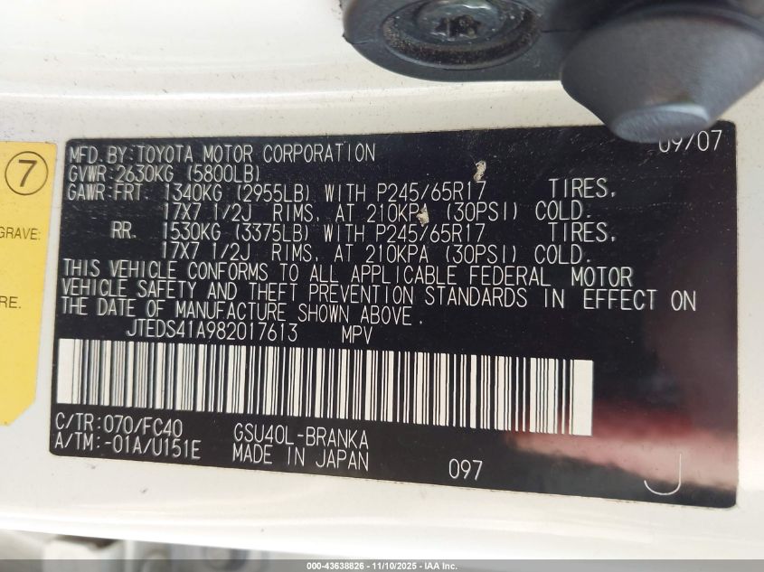 2008 Toyota Highlander VIN: JTEDS41A982017613 Lot: 43638826