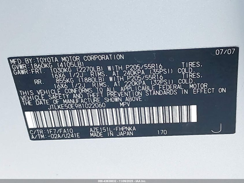 2008 Scion Xb VIN: JTLKE50E981022060 Lot: 43638832