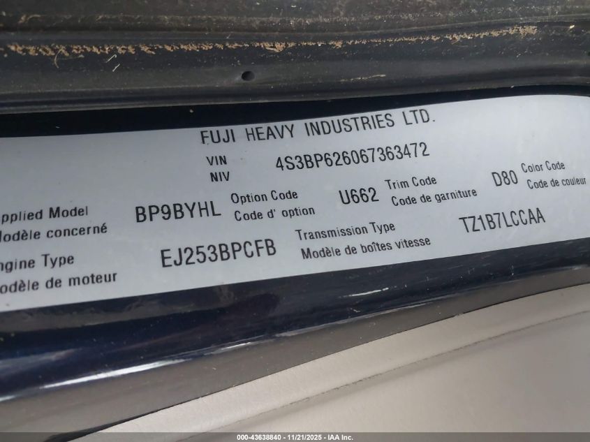 2006 Subaru Legacy 2.5I VIN: 4S3BP626067363472 Lot: 43638840