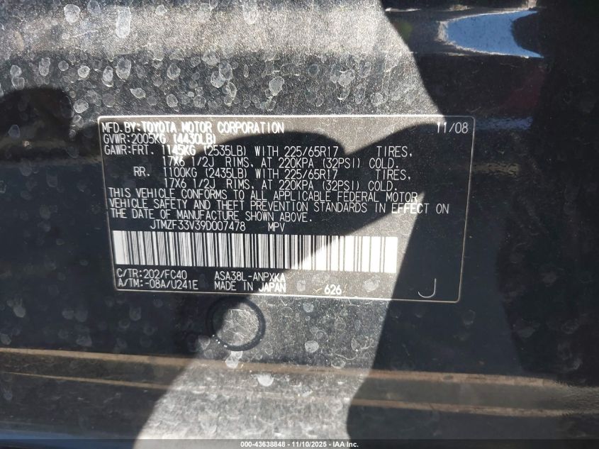 2009 Toyota Rav4 VIN: JTMZF33V39D007478 Lot: 43638848