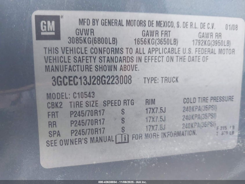 2008 Chevrolet Silverado 1500 Lt1 VIN: 3GCEC13J28G223008 Lot: 43638854