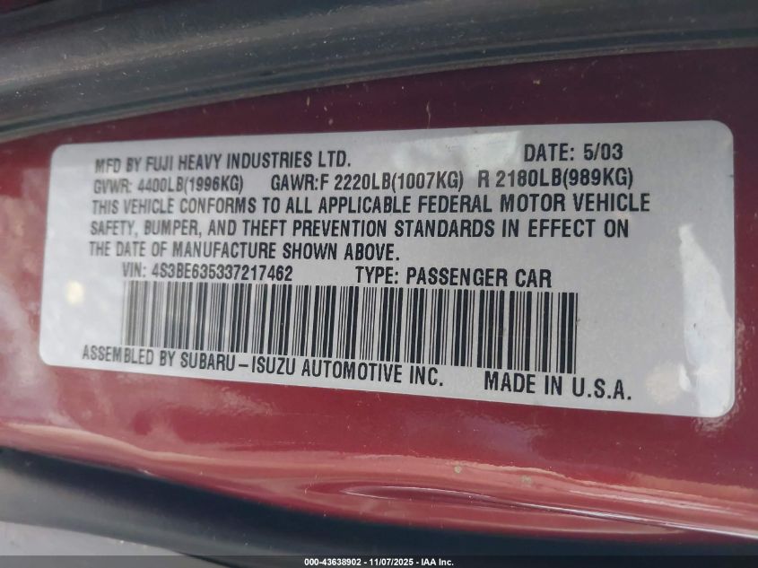 2003 Subaru Legacy L/L W/Special Edition Package VIN: 4S3BE635337217462 Lot: 43638902