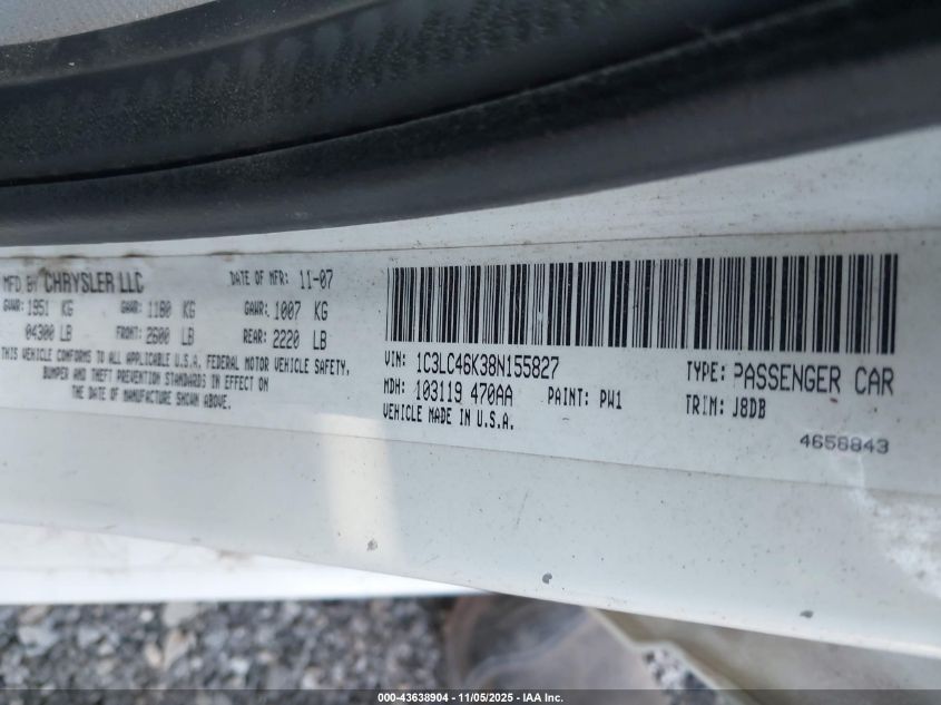 2008 Chrysler Sebring Lx VIN: 1C3LC46K38N155827 Lot: 43638904