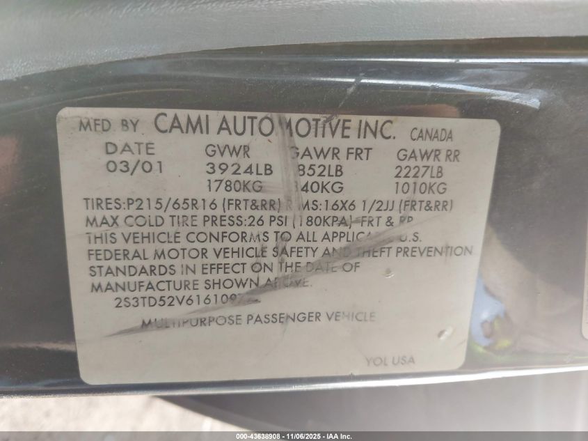 2001 Suzuki Vitara Jlx/Jx VIN: 2S3TD52V616109774 Lot: 43638908