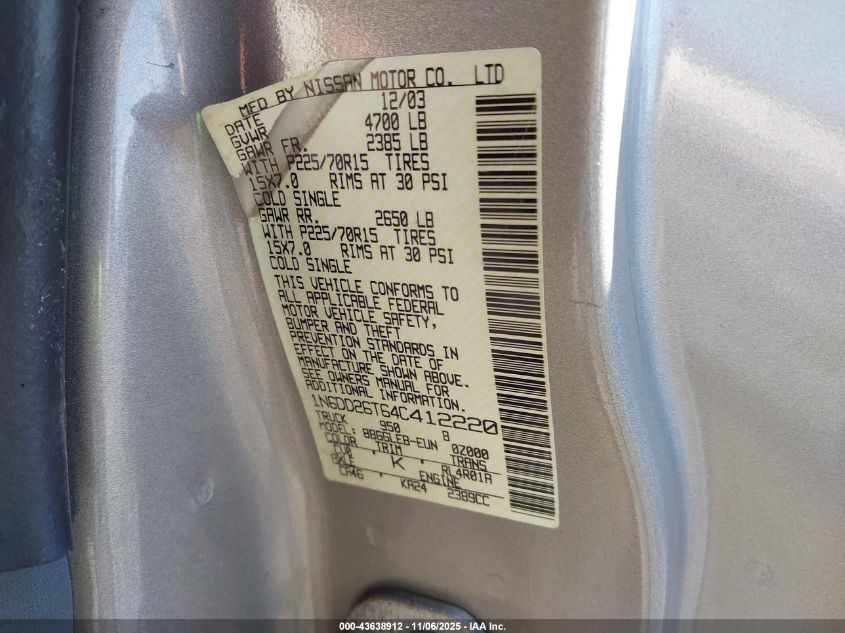 2004 Nissan Frontier Xe VIN: 1N6DD26T64C412220 Lot: 43638912