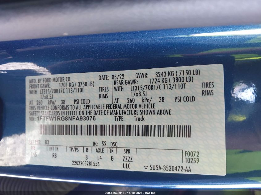 2022 Ford F-150 Raptor VIN: 1FTFW1RG8NFA93076 Lot: 43638918