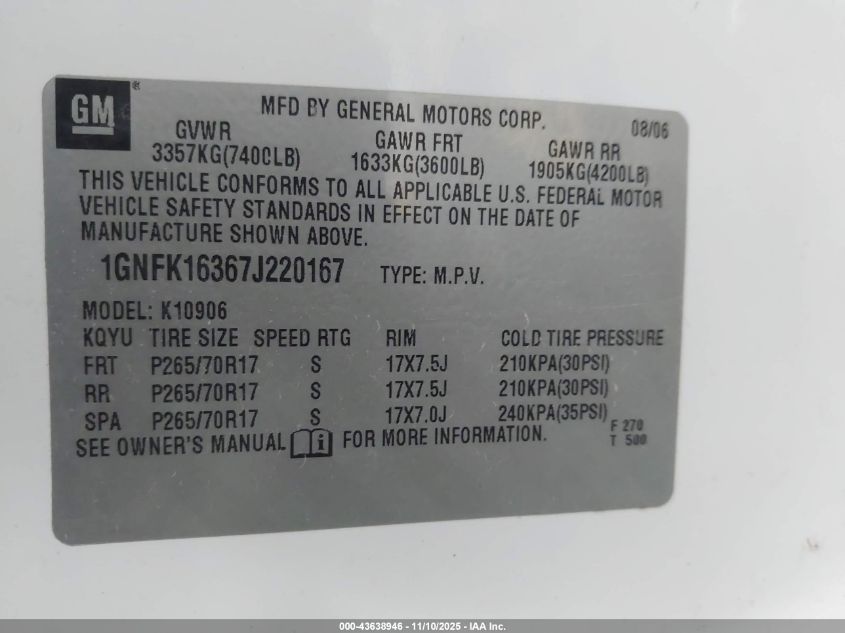 2007 Chevrolet Suburban 1500 Lt VIN: 1GNFK16367J220167 Lot: 43638946