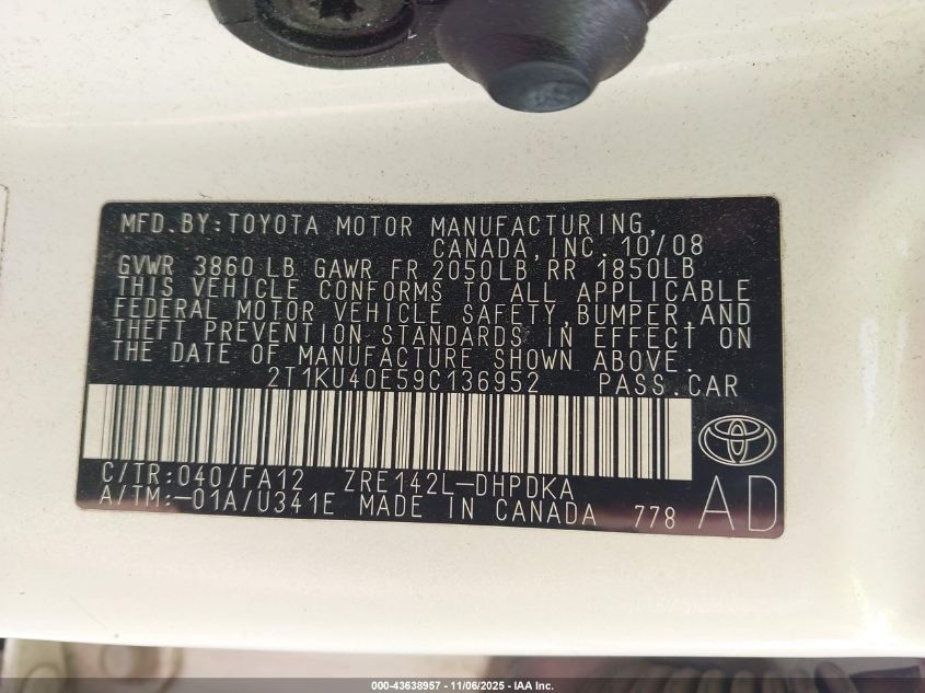 2009 Toyota Matrix VIN: 2T1KU40E59C136952 Lot: 43638957