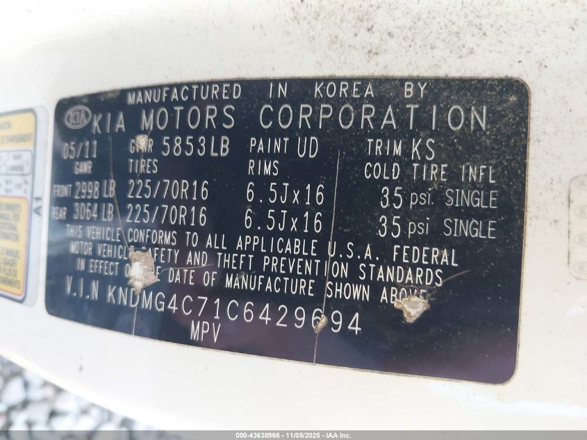 2012 Kia Sedona Lx VIN: KNDMG4C71C6429694 Lot: 43638966