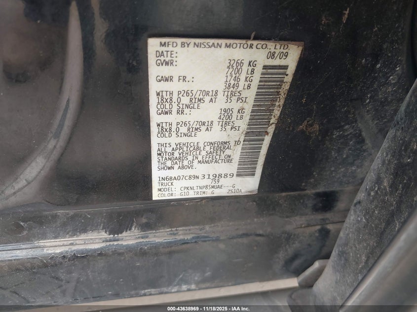 2009 Nissan Titan Se VIN: 1N6BA07C89N319889 Lot: 43638969