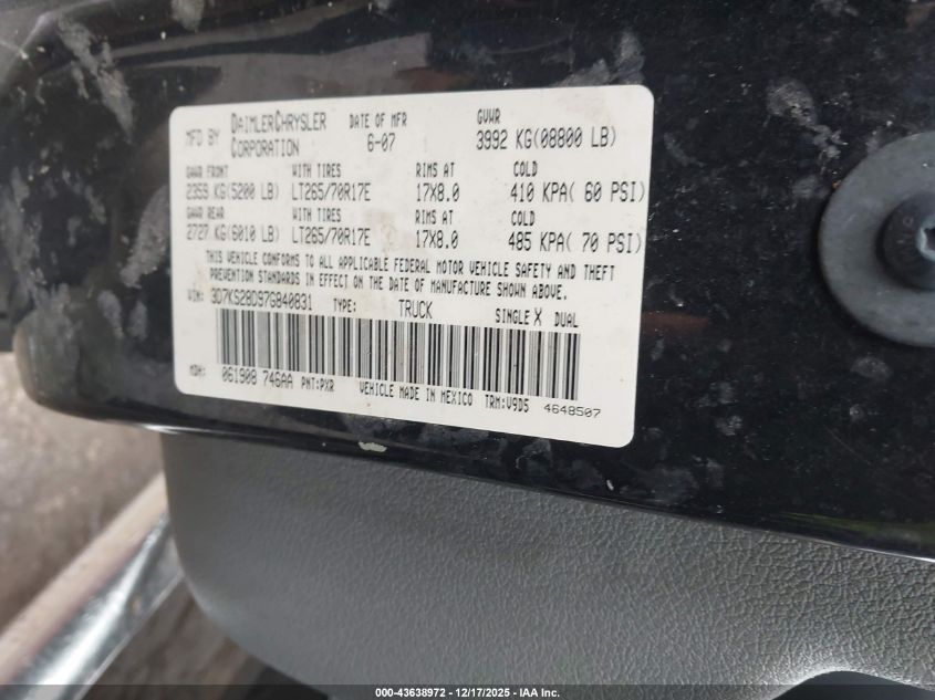 2007 Dodge Ram 2500 Slt/Trx4 Off Road/Sport/Power Wagon VIN: 3D7KS28D97G840831 Lot: 43638972