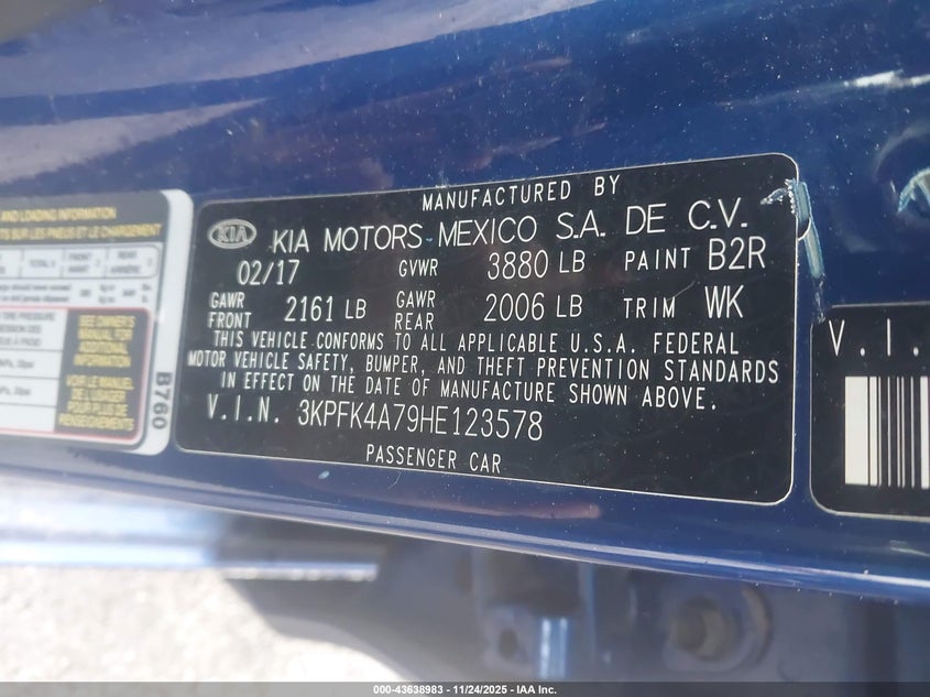 2017 Kia Forte Lx VIN: 3KPFK4A79HE123578 Lot: 43638983