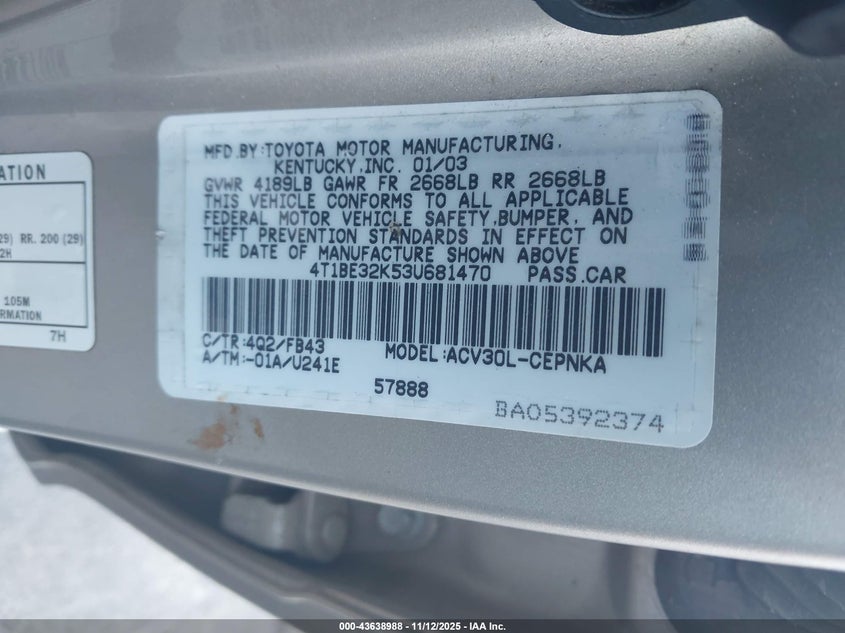 2003 Toyota Camry Le VIN: 4T1BE32K53U681470 Lot: 43638988