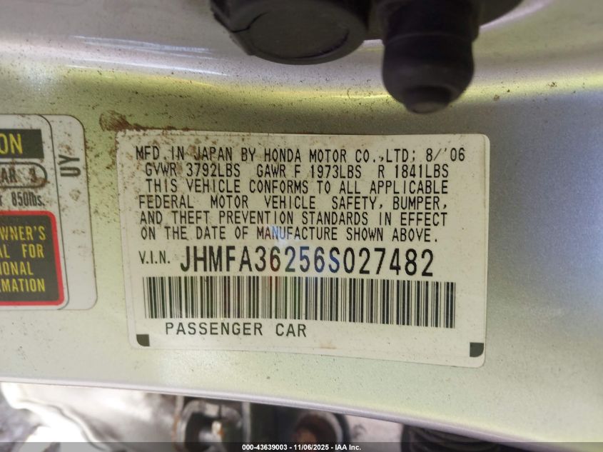 2006 Honda Civic Hybrid VIN: JHMFA36256S027482 Lot: 43639003