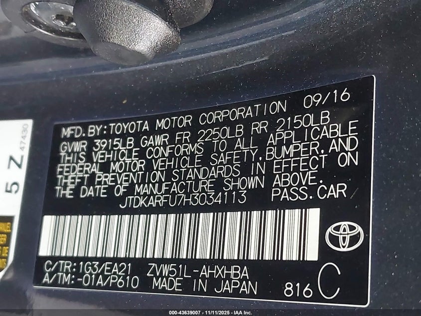 2017 TOYOTA PRIUS THREE TOURING JTDKARFU7H3034113