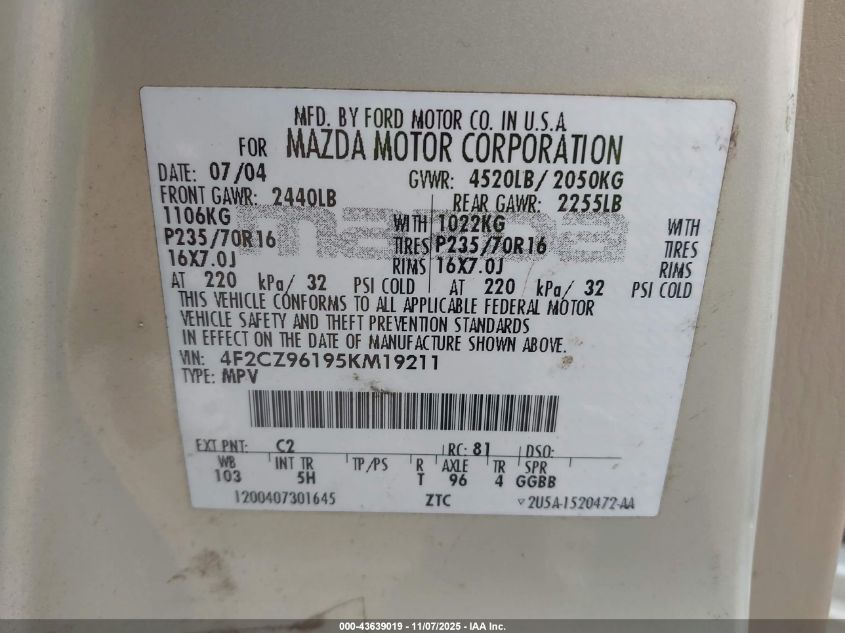 2005 Mazda Tribute S VIN: 4F2YZ96175KM40015 Lot: 43639019