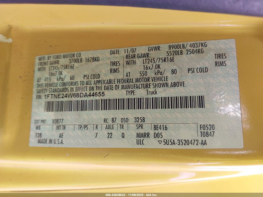 2008 Ford E-250 Commercial/Recreational VIN: 1FTNE24W68DA44655 Lot: 43639022