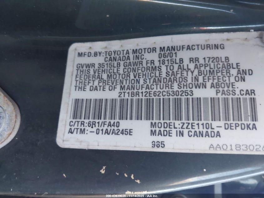 2002 Toyota Corolla Le VIN: 2T1BR12E62C530253 Lot: 43639028