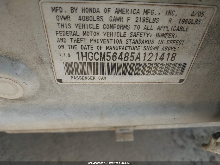 1HGCM56485A121418 2005 HONDA ACCORD photo no. 9