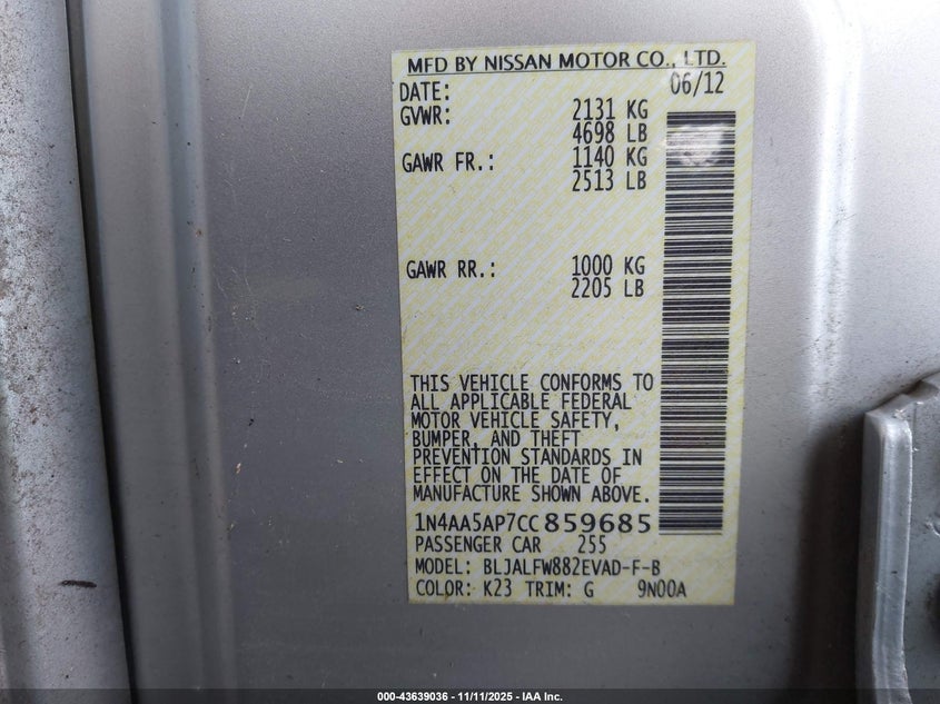 2012 Nissan Maxima 3.5 Sv VIN: 1N4AA5AP7CC859685 Lot: 43639036