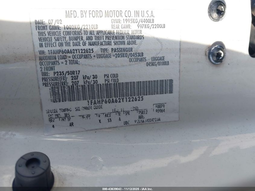 2002 Ford Thunderbird VIN: 1FAHP60A62Y122625 Lot: 43639043