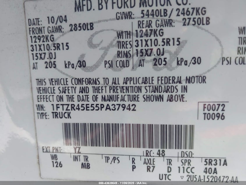 2005 Ford Ranger Edge/Fx4 Level Ii/Fx4 Off-Road/Xlt VIN: 1FTZR45E55PA37942 Lot: 43639049