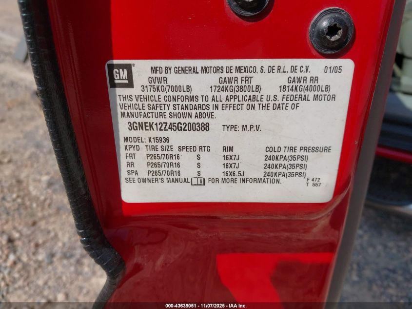 2005 Chevrolet Avalanche 1500 Ls VIN: 3GNEK12Z45G200388 Lot: 43639051