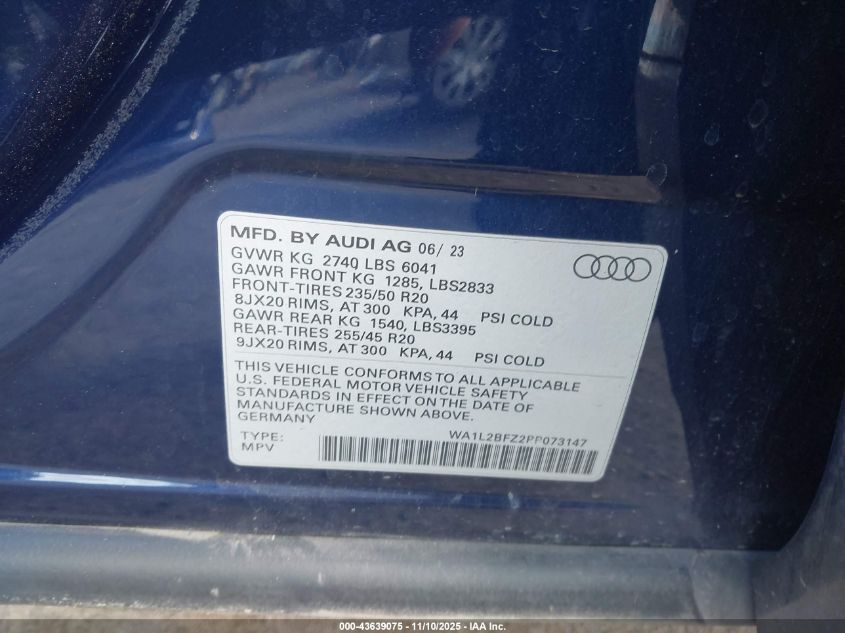 2023 Audi Q4 E-Tron Premium Plus 50 Quattro VIN: WA1L2BFZ2PP073147 Lot: 43639075