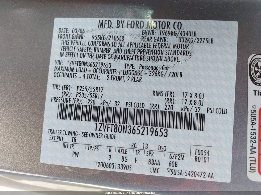 2006 Ford Mustang V6 VIN: 1ZVFT80N365219653 Lot: 43639077
