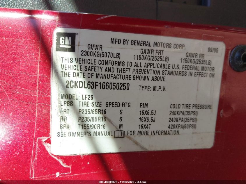 2006 Pontiac Torrent VIN: 2CKDL63F166050250 Lot: 43639078