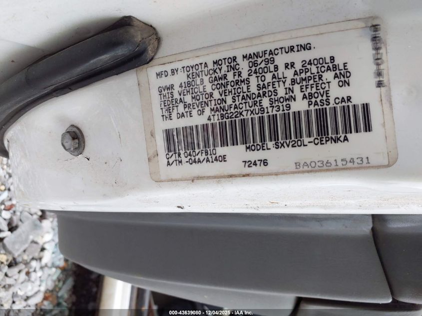 1999 Toyota Camry Le VIN: 4T1BG22K7XU917319 Lot: 43639080