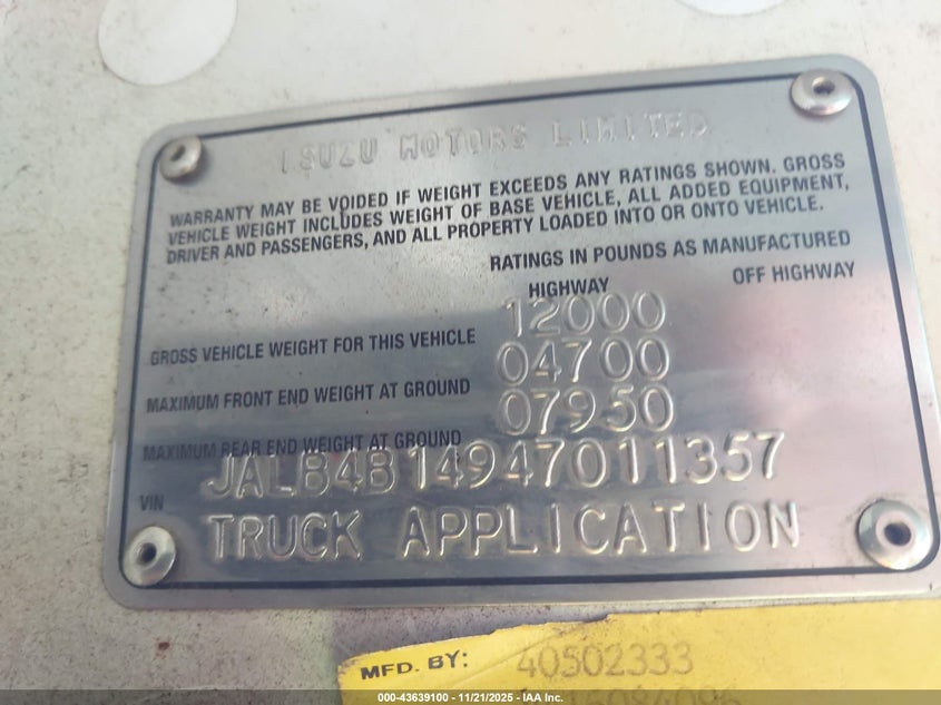 2004 Isuzu W3S042 Npr Dsl Reg VIN: JALB4B14947011357 Lot: 43639100