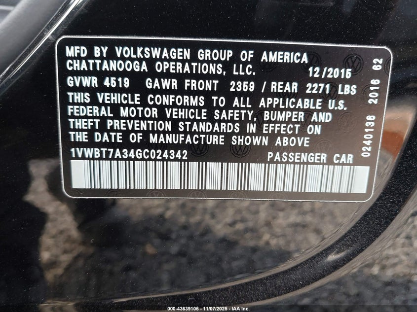 2016 VOLKSWAGEN PASSAT 1.8T SE 1VWBT7A34GC024342