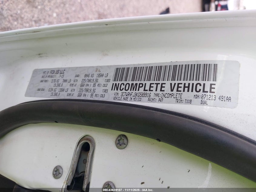 2019 Ram 5500 Chassis Tradesman/Slt/Laramie/Limited VIN: 3C7WRNFJ3KG589916 Lot: 43639107