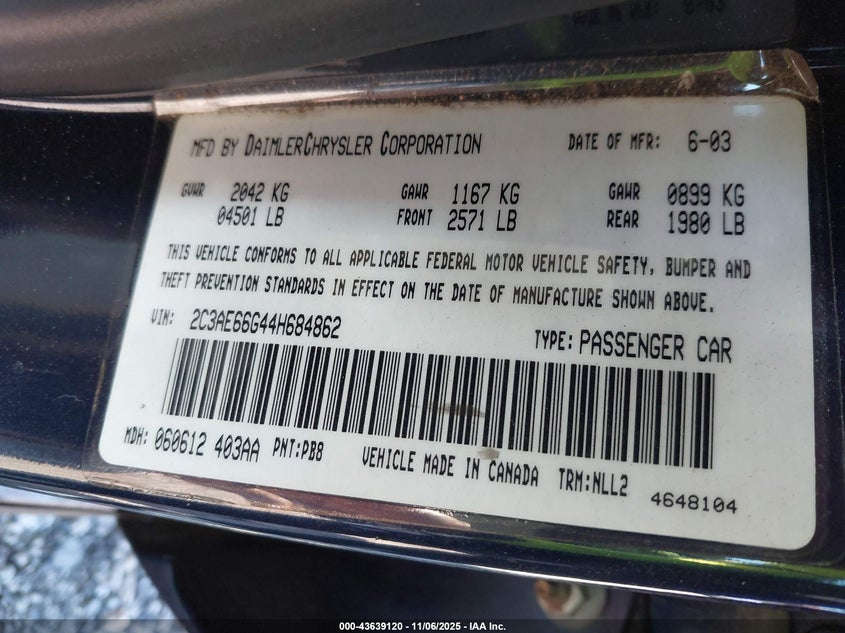 2004 Chrysler 300M VIN: 2C3AE66G44H684862 Lot: 43639120