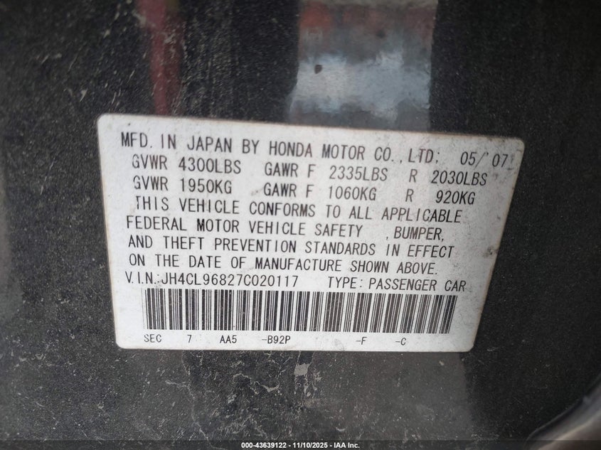 2007 Acura Tsx VIN: JH4CL96827C020117 Lot: 43639122