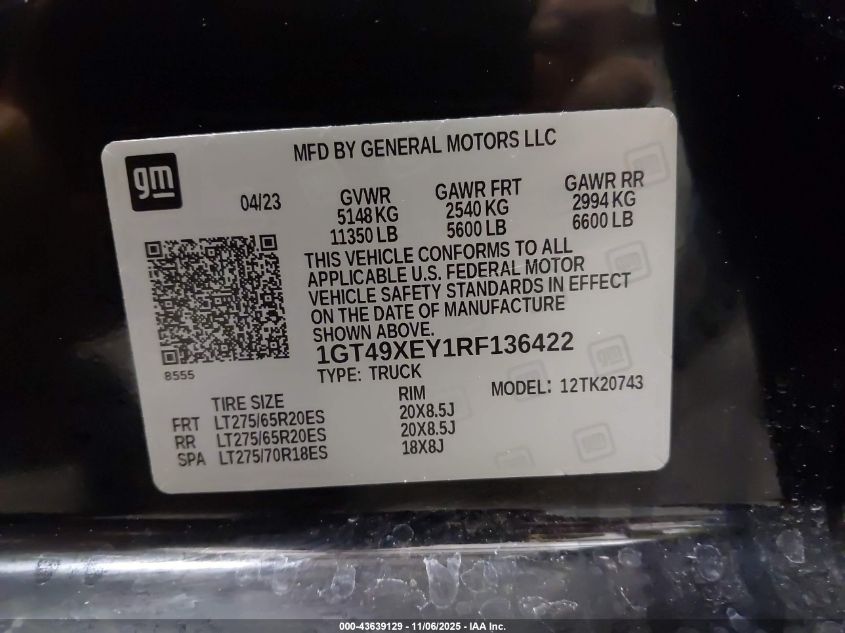 2024 GMC Sierra 2500Hd 4Wd Standard Bed Denali Ultimate VIN: 1GT49XEY1RF136422 Lot: 43639129