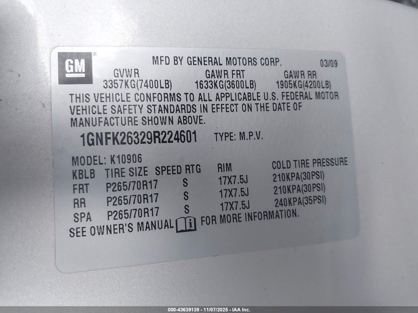 2009 Chevrolet Suburban 1500 Lt2 VIN: 1GNFK26329R224601 Lot: 43639139
