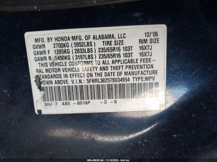 2007 Honda Odyssey Lx VIN: 5FNRL38257B034954 Lot: 43639144