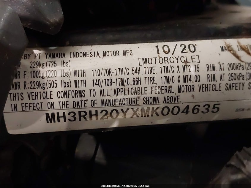 2021 Yamaha Mt-03 VIN: MH3RH20YXMK004635 Lot: 43639156