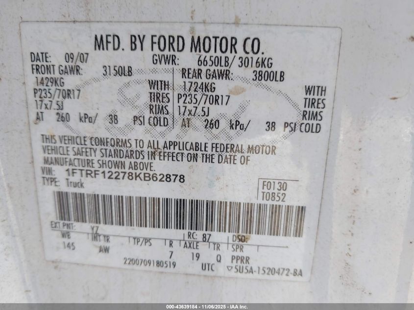 2008 Ford F-150 Stx/Xl/Xlt VIN: 1FTRF12278KB62878 Lot: 43639184