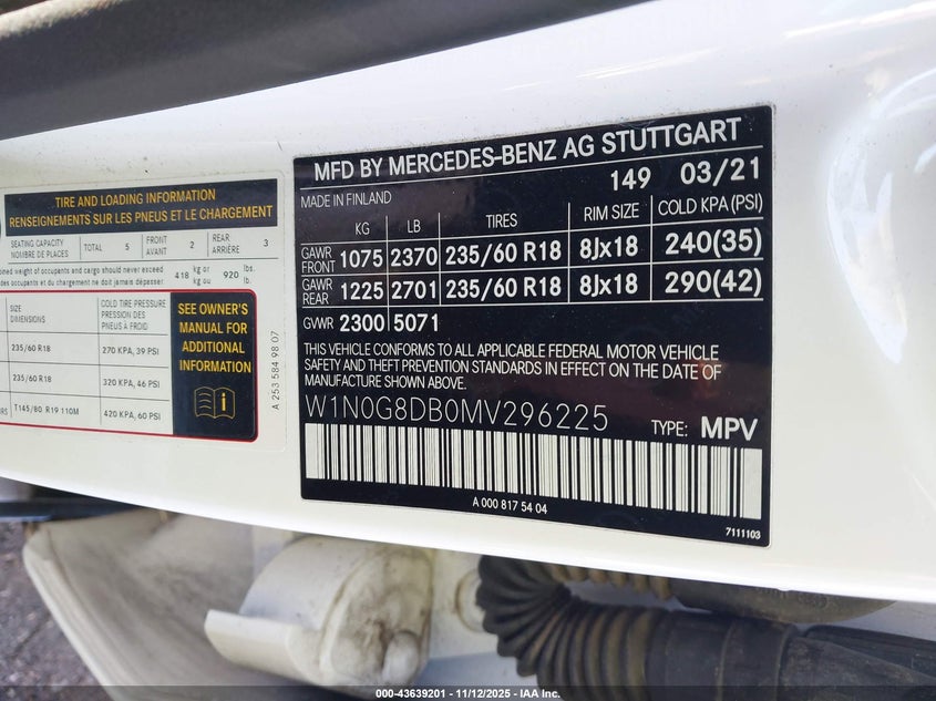 2021 MERCEDES-BENZ GLC 300 SUV W1N0G8DB0MV296225