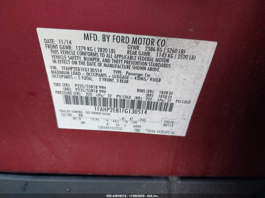 2015 Ford Taurus Sel VIN: 1FAHP2E81FG130514 Lot: 43639216