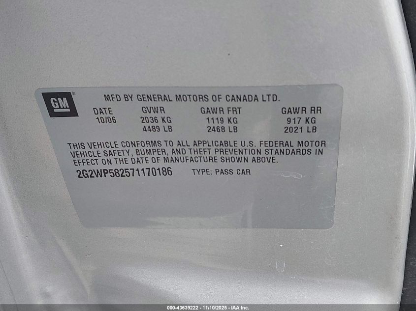 2007 Pontiac Grand Prix VIN: 2G2WP582571170186 Lot: 43639222