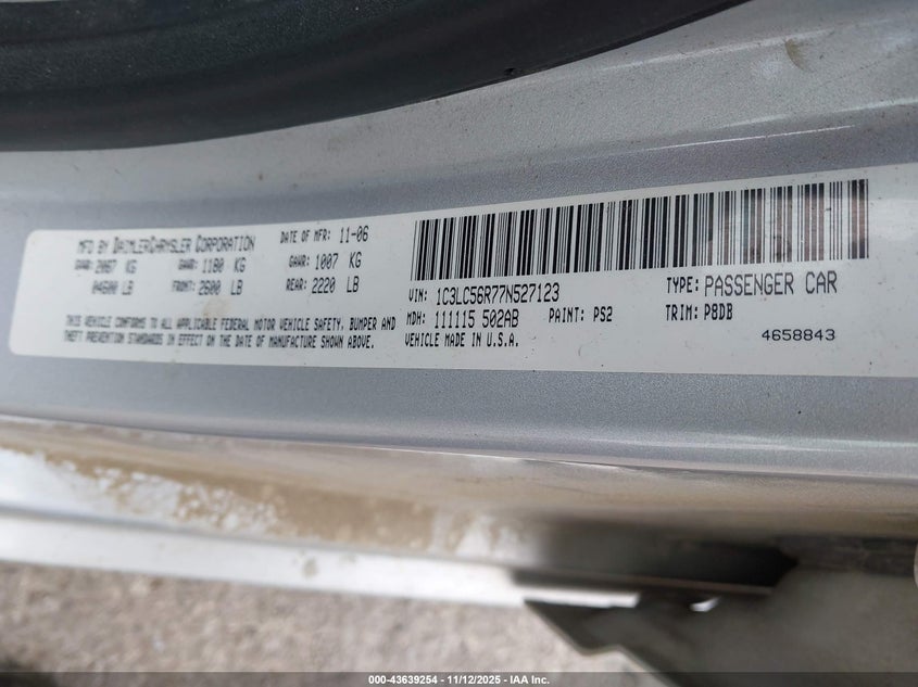 2007 Chrysler Sebring Touring VIN: 1C3LC56R77N527123 Lot: 43639254